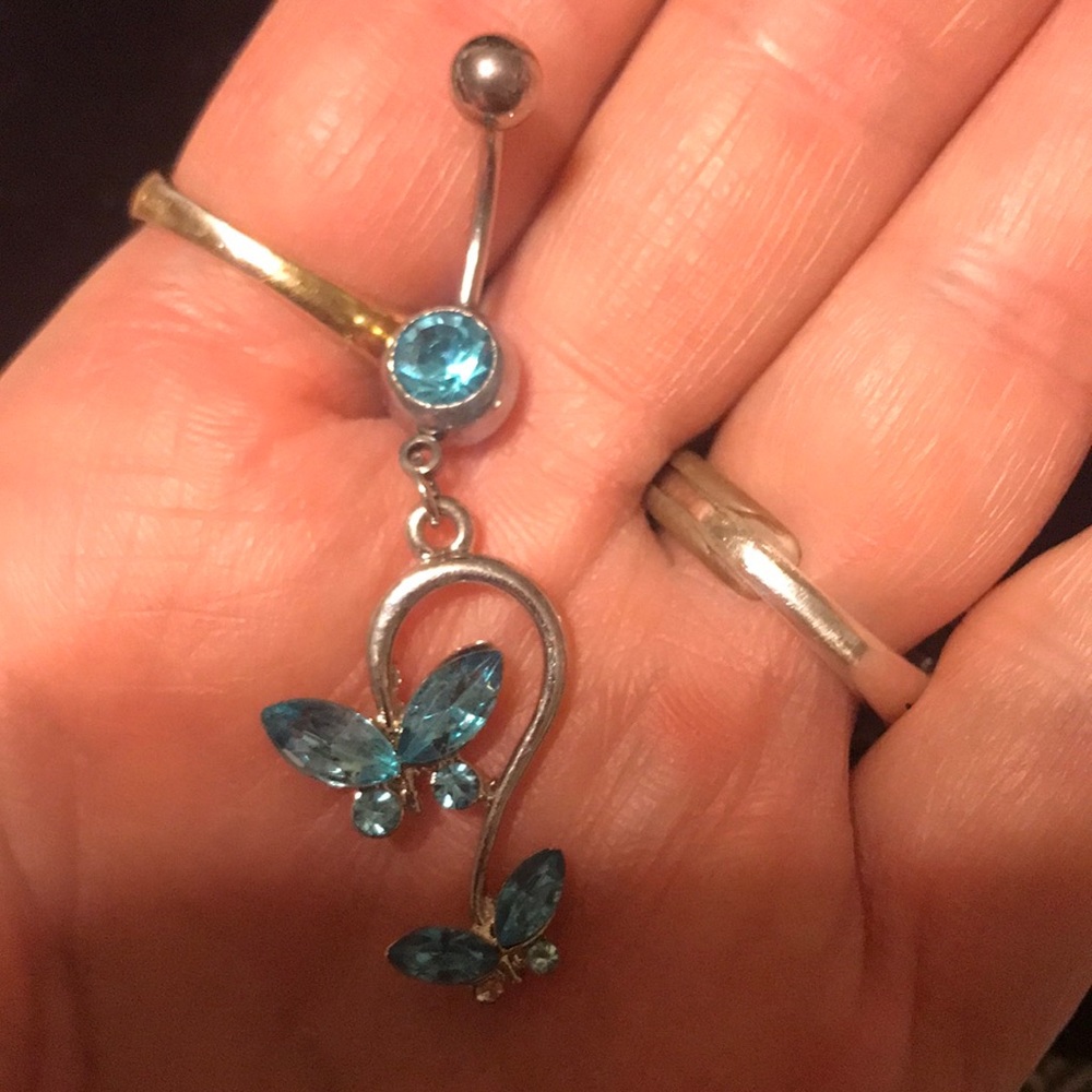 Blue rhinestone butterfly belly ring